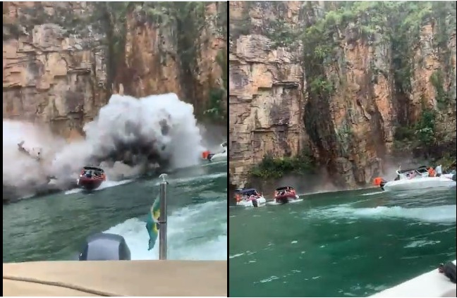 rock face collapses on boats