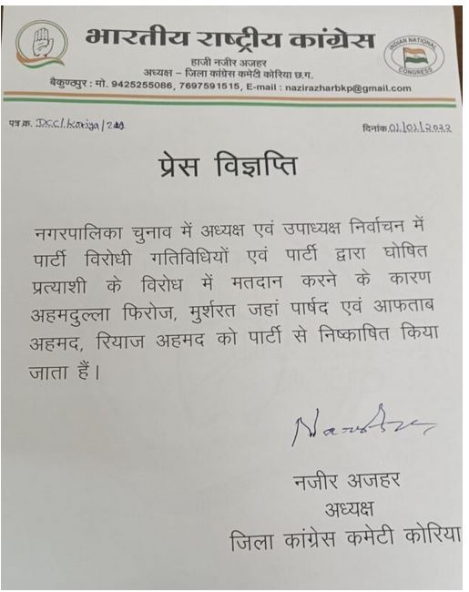 बहुमत के बाद भी कांग्रेस नहीं बना पायी अध्यक्ष, पार्टी ने दो पार्षदों को किया निष्कासित