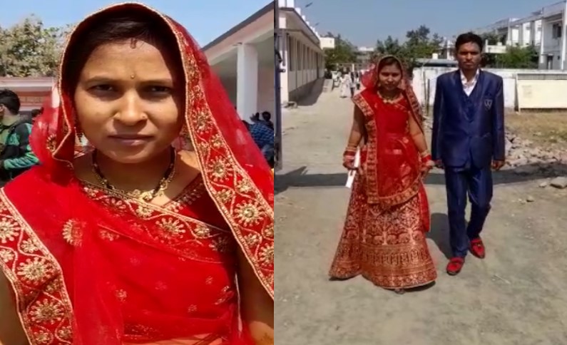शादी के जोड़े में पति के साथ 12वीं की परीक्षा देने पहुंची छात्रा, देखकर हैरान रहे गए लोग