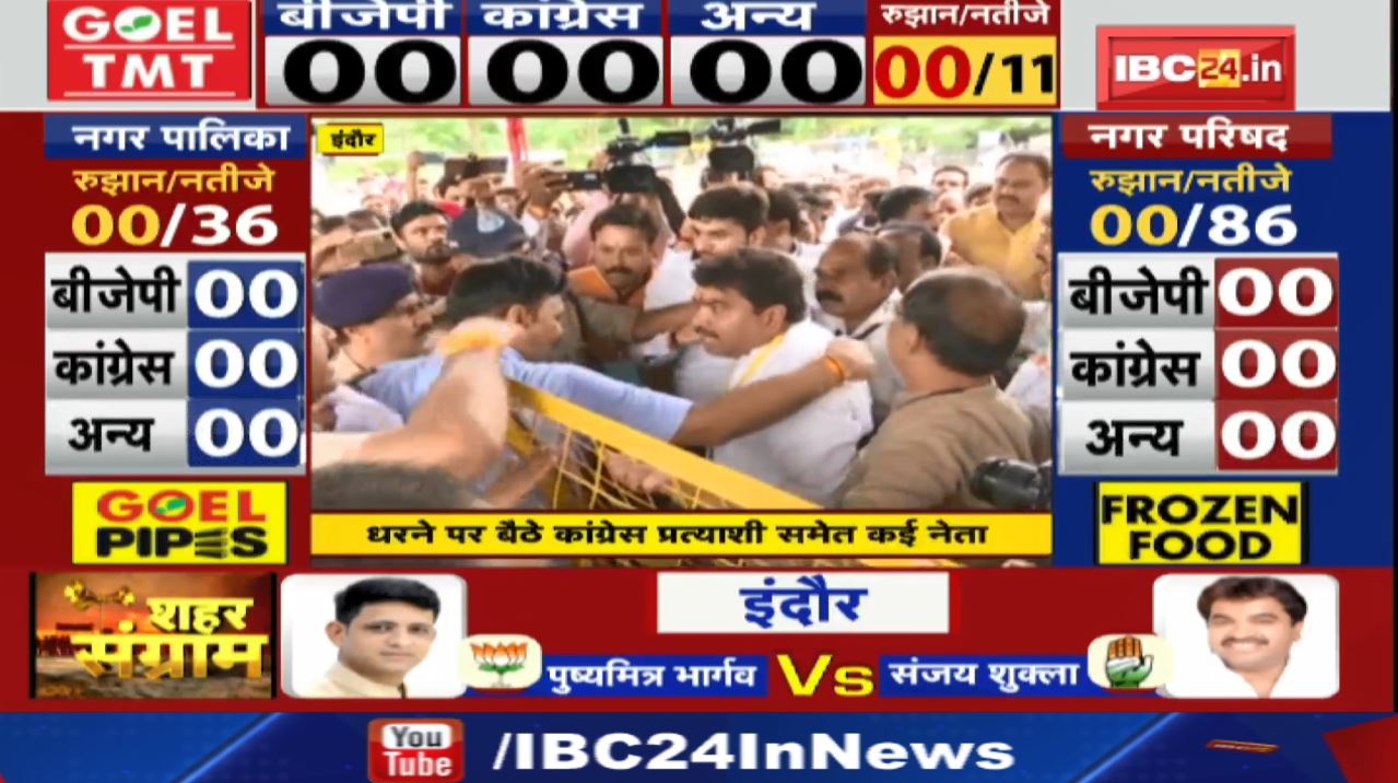 Indore Nikay Chunav Result : मतगणना स्थल पर हंगामा | धरने पर बैठे कांग्रेस प्रत्याशी समेत कई नेता