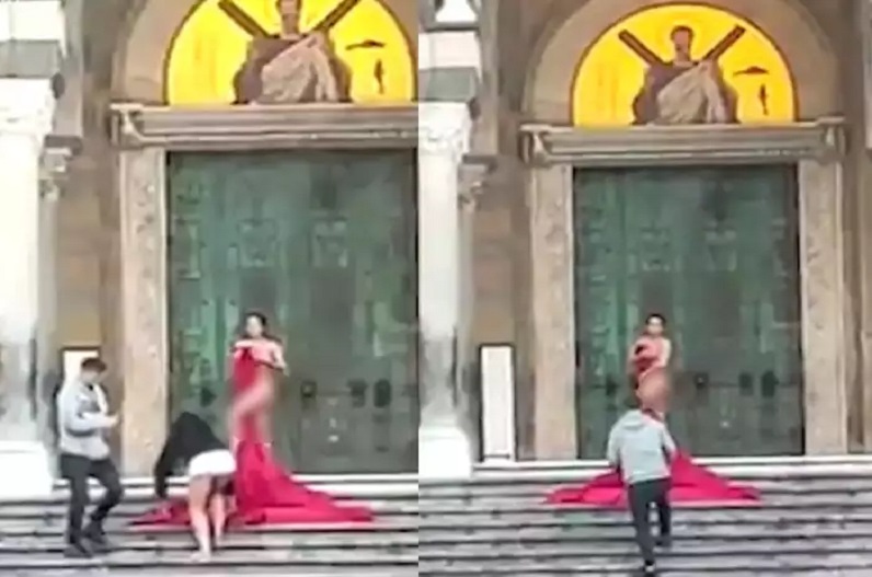 half-naked photoshoot in front of church