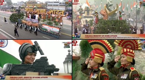 दिल्ली: गृह मंत्रालय द्वारा नशा मुक्त भारत की झांकी और केंद्रीय सशस्त्र पुलिस बल की झांकी में 'नारी शक्ति' को दर्शाया गया है।