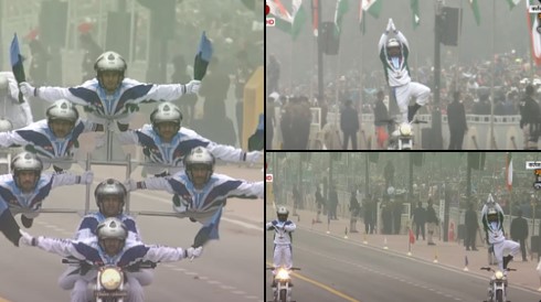 गणतंत्र दिवस पर कर्तव्य पथ पर सिग्नल्स डेयर डेविल्स टीम की कोर द्वारा साहसी मोटरसाइकिल का प्रदर्शन किया गया।