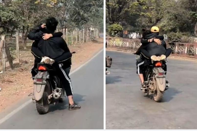छत्तीसगढ़ः बीच सड़क चलती बाइक पर कपल का रोमांस वायरल, लड़के की गोद में बैठकर लड़की ने किया Kiss
