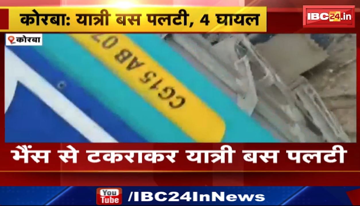 कोरबा में भैंस से टकराकर पलटी यात्री बस। हादसे में बच्चा समेत 4 यात्री घायल