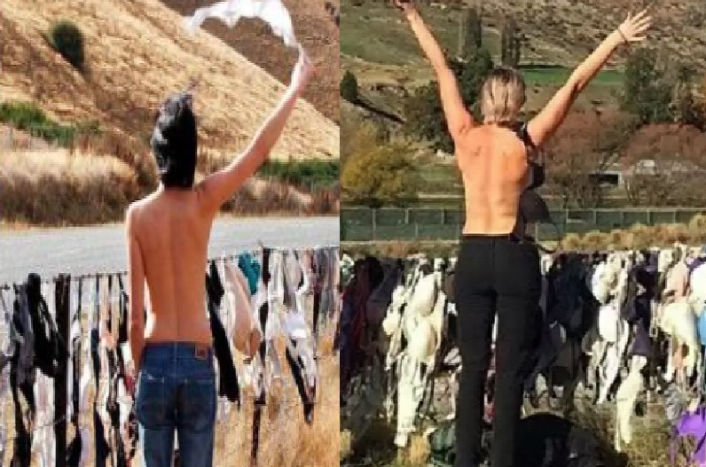 Women take off her undergarments in public place