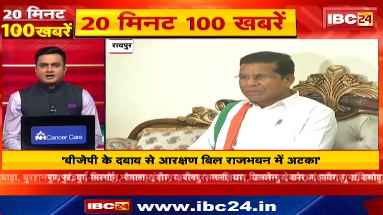 20 मिनट 100 खबरें : ‘बीजेपी के दबाव से आरक्षण बिल राजभवन में अटका’। Chhattisgarh-Madhya Pradesh Non Stop
