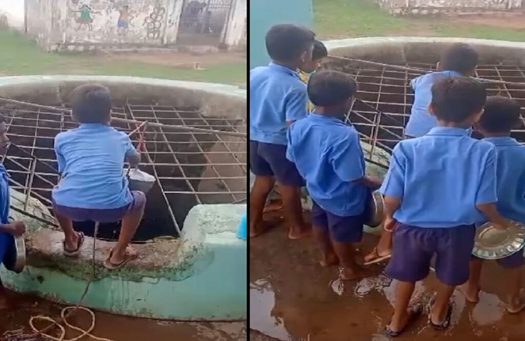 In primary school Bhendri, school students got water drawn from the well