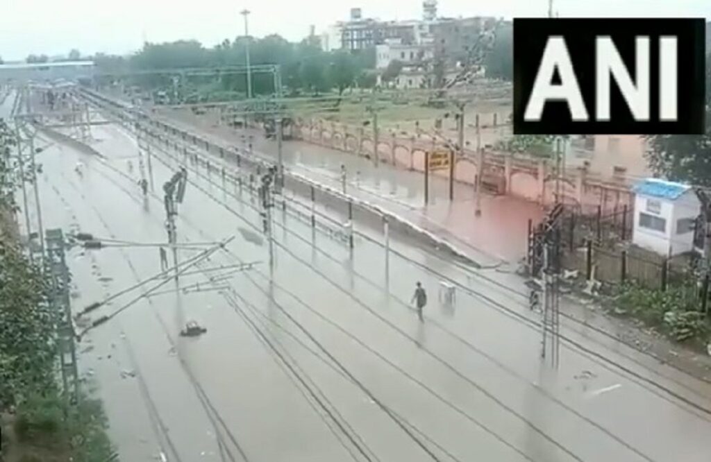 Railway track waterlogged due to heavy rain