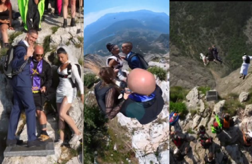 Bride And Groom Celebrate Wedding By Skydiving Off High Cliff With Guests