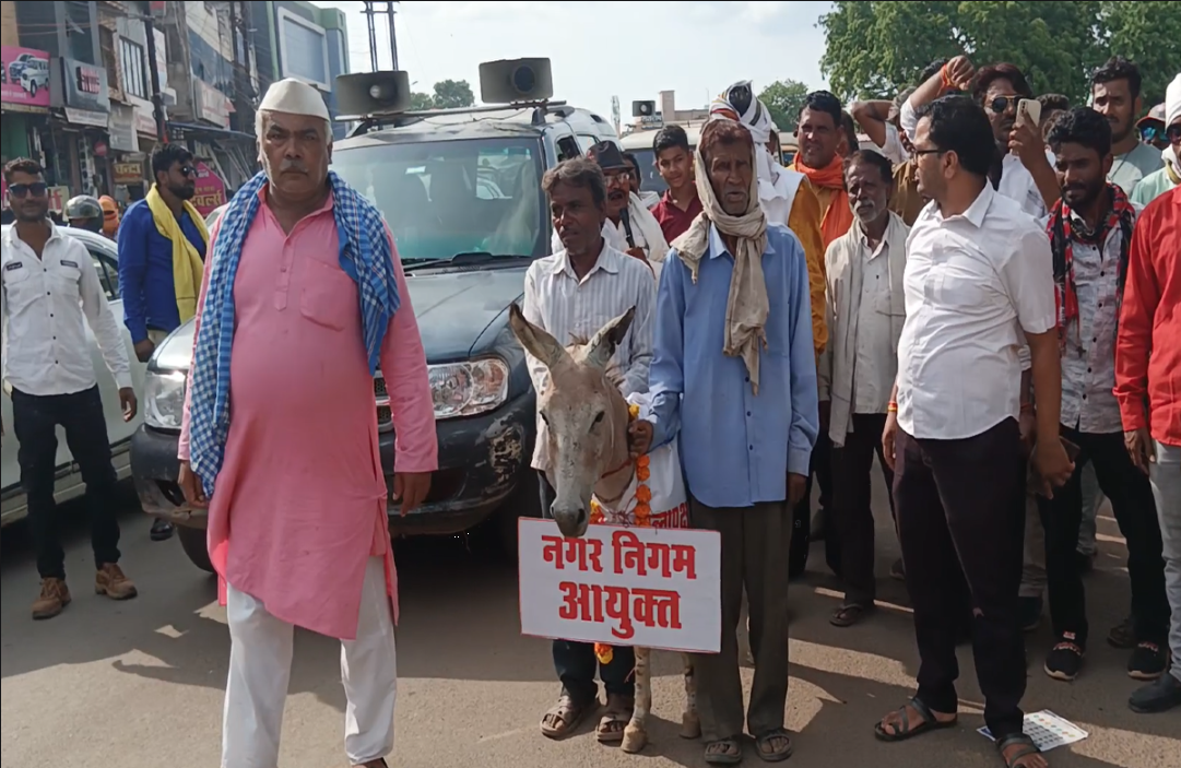 अनोखा प्रदर्शन…! किसान मोर्चा के कार्यकर्ताओं ने गधे को नगर निगम का कमिश्नर बनाकर किया प्रदर्शन, लगाए ये आरोप