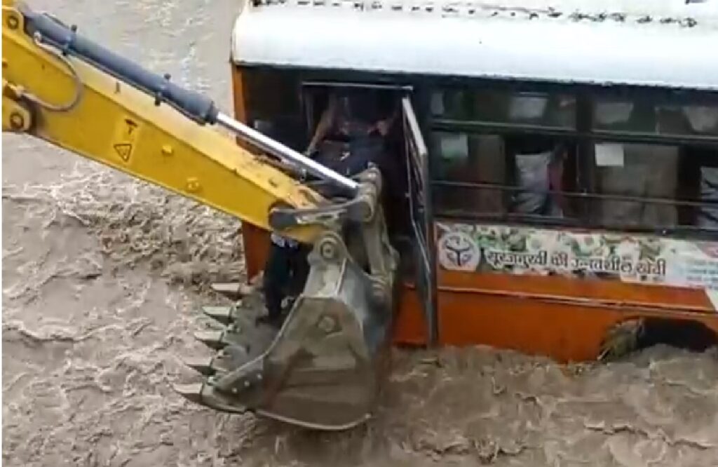 Bus stuck in raging river