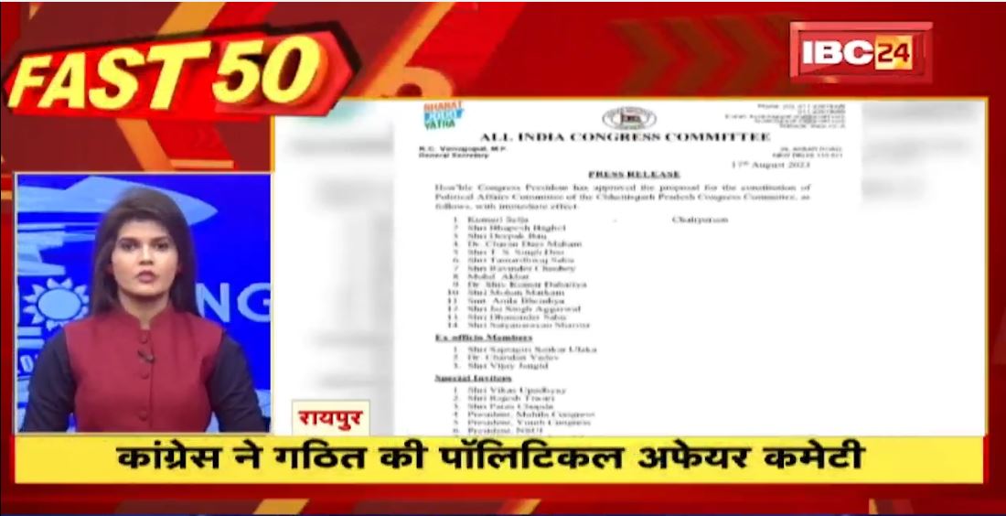 Chhattisgarh Congress ने गठित की पॉलिटिकल अफेयर कमेटी। 20 Minute 100 News | Fast50 | MP-CG Latest News