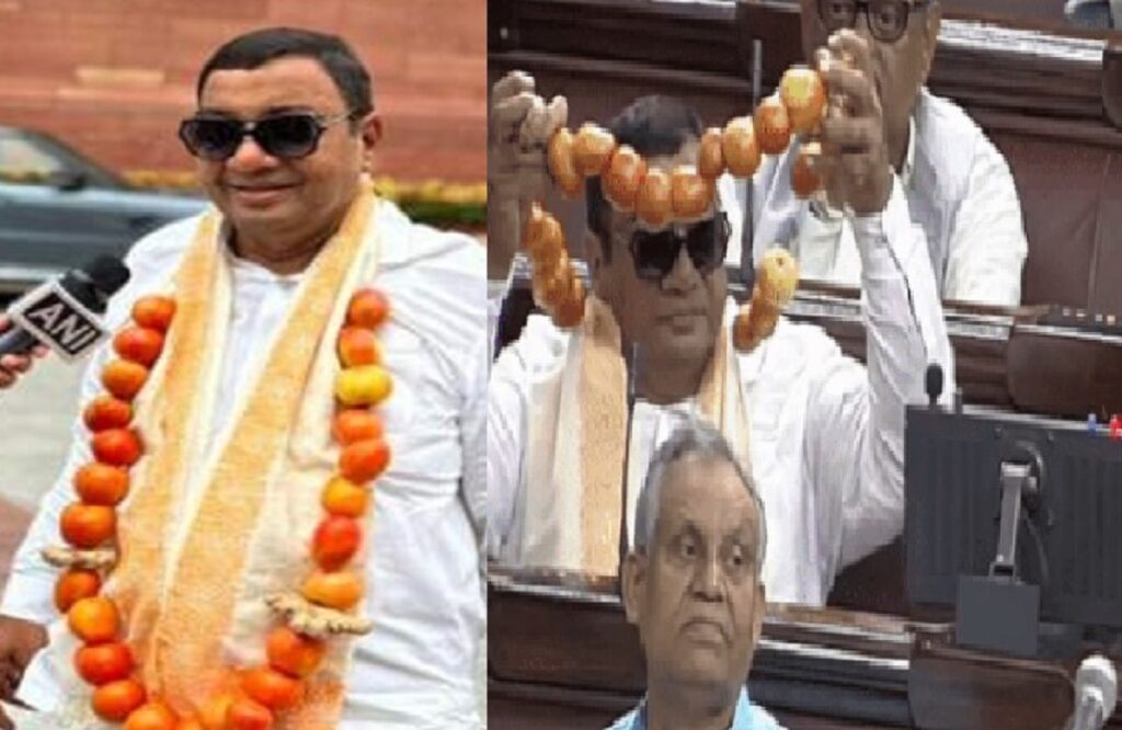 AAP MP Sushil Gupta sitting in Parliament wearing tomato garland