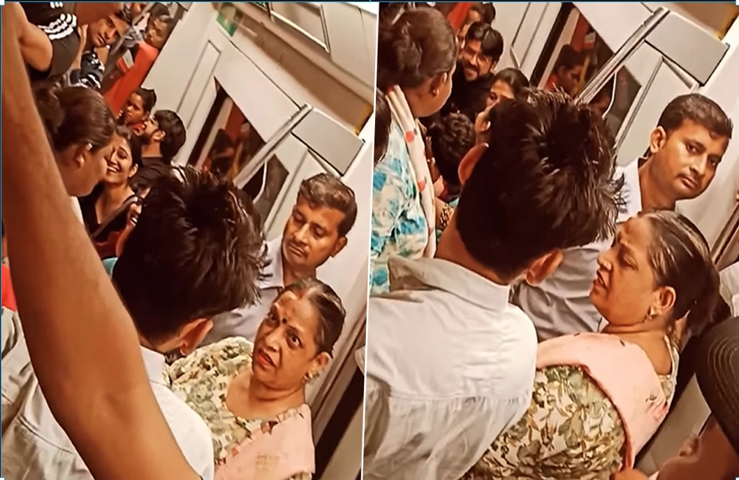 Delhi MetroTrain Video दिल्ली मेट्रो ट्रेन में कपल्स का रोमांस देख गुस्साई आंटी का फूंटा गुस्सा, वीडियो हुआ वायरल