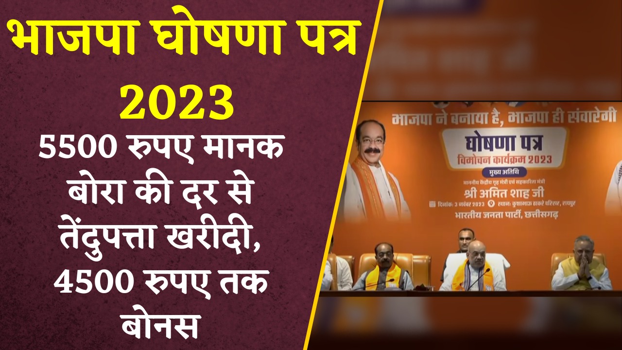 बीजेपी की इस घोषण पत्र में 5500 रुपए मानक बोरी की से तेंदुपत्ता की खरीदी की जाएगी और इसके साथ ही 4500 रुपए तक का बोनस भी मिलेगा।