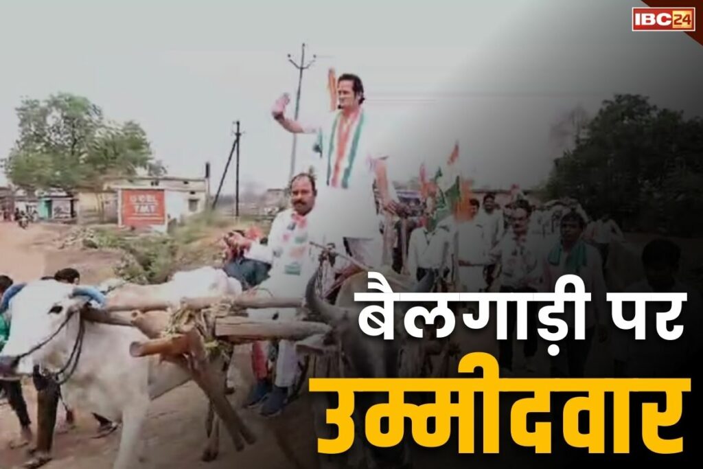 Vikas Upadhyay was seen campaigning in a bullock cart in Raipur