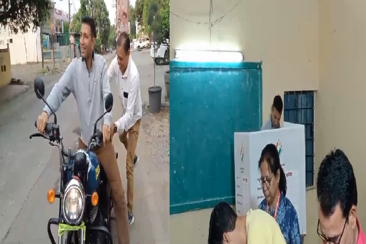 Jitu Patwari Cast his Vote: खुद बाइक चलाकर मतदान केंद्र पहुंचे पीसीसी चीफ, घर के नजदीक शासकीय स्कूल में डाला वोट