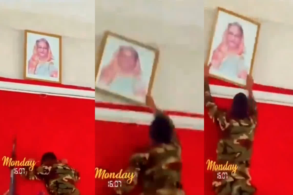 Bangladesh Sansad Bhavan Video: सुरक्षाबलों ने संसद भवन से उखाड़ फेंकी शेख हसीना की तस्वीर, राष्ट्रपिता की मूर्ति पर भी किया हमला, देखें वीडियो