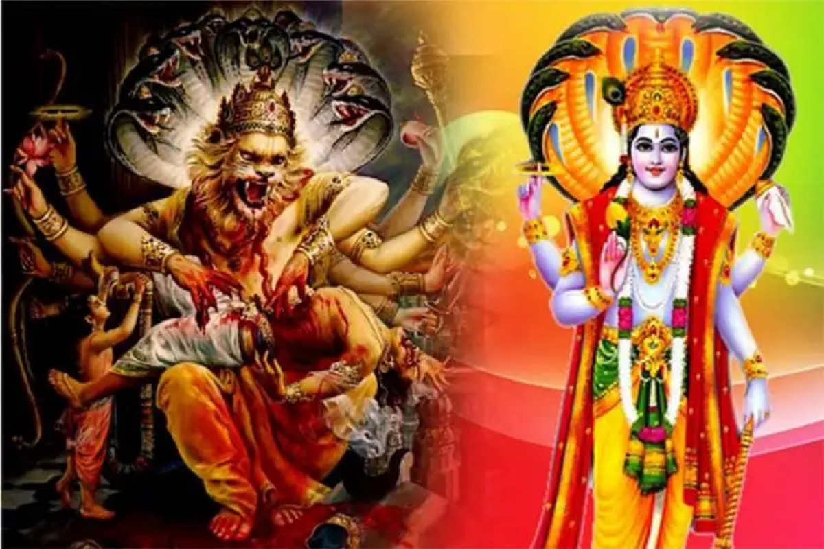 Aarti Narsingh Bhagwan ki : “ॐ जय नरसिंह हरे, प्रभु जय नरसिंह हरे। स्तंभ फाड़ प्रभु प्रकटे, स्तंभ फाड़ प्रभु प्रकटे, जनका ताप हरे”॥
