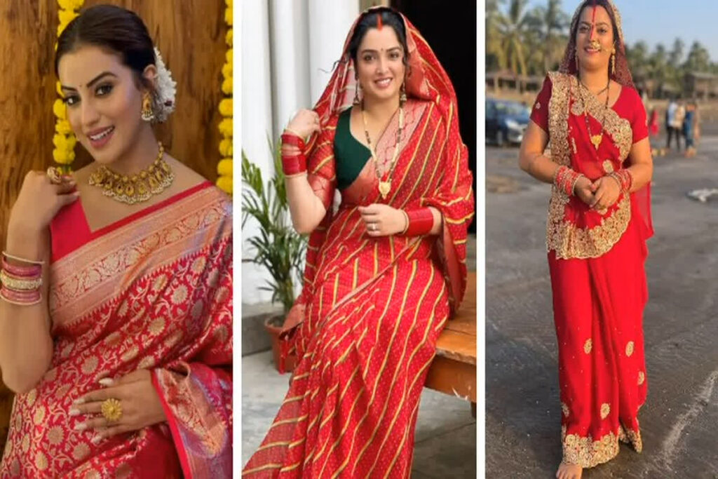 Akshra singh and amrapali in red saree viral images