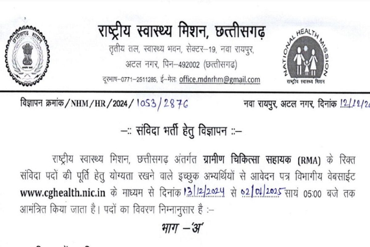 NHM CG Vacancy 2024: छत्तीसगढ़ एनएचएम रूरल मेडिकल असिस्टेंट के 157 पदों पर निकली भर्ती, जल्द करें आवेदन शुरू