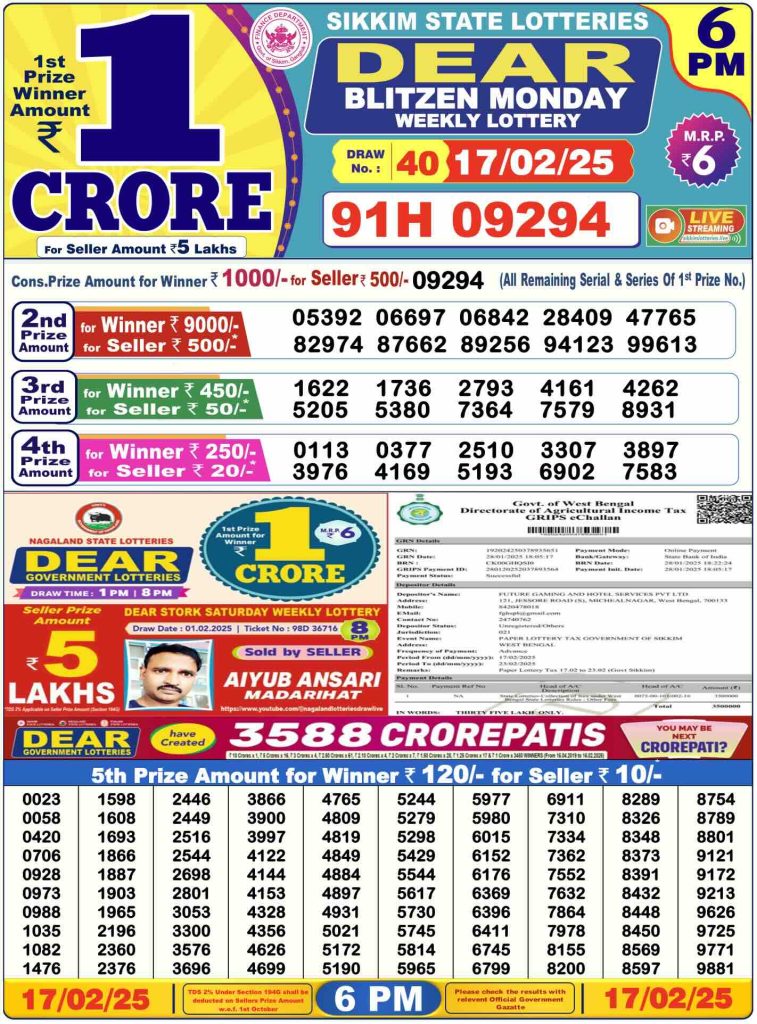 Lottery Sambad Today Sikkim 17-02-2025 Monday 6 PM