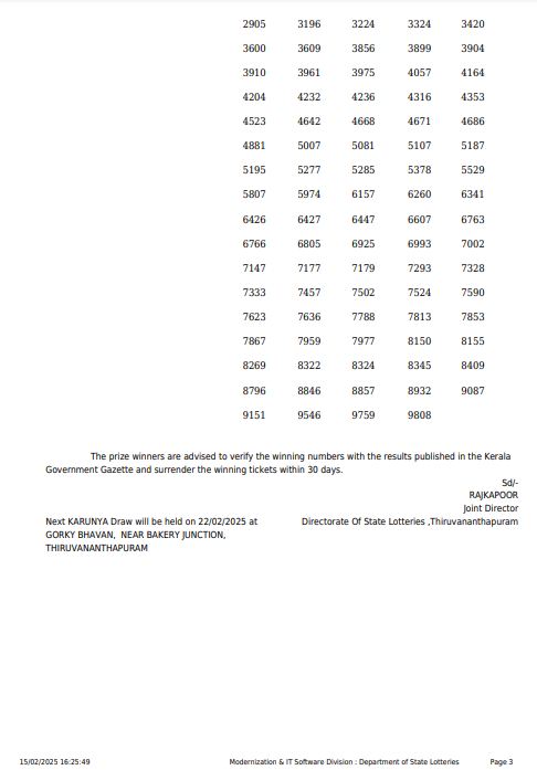 Kerala Lottery Sambad Today Result 3 PM KARUNYA(KR-693) 15-02-2025 DECLARED