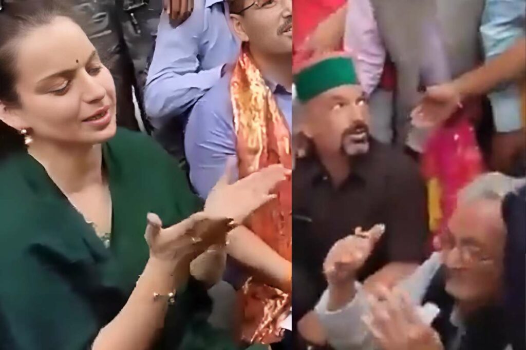 Kangana Ranaut Video Viral: कंगना रनौत के पैरों पर बैठकर बुजुर्ग फरियादी ने मांगी मदद / Image Source: Screengrab