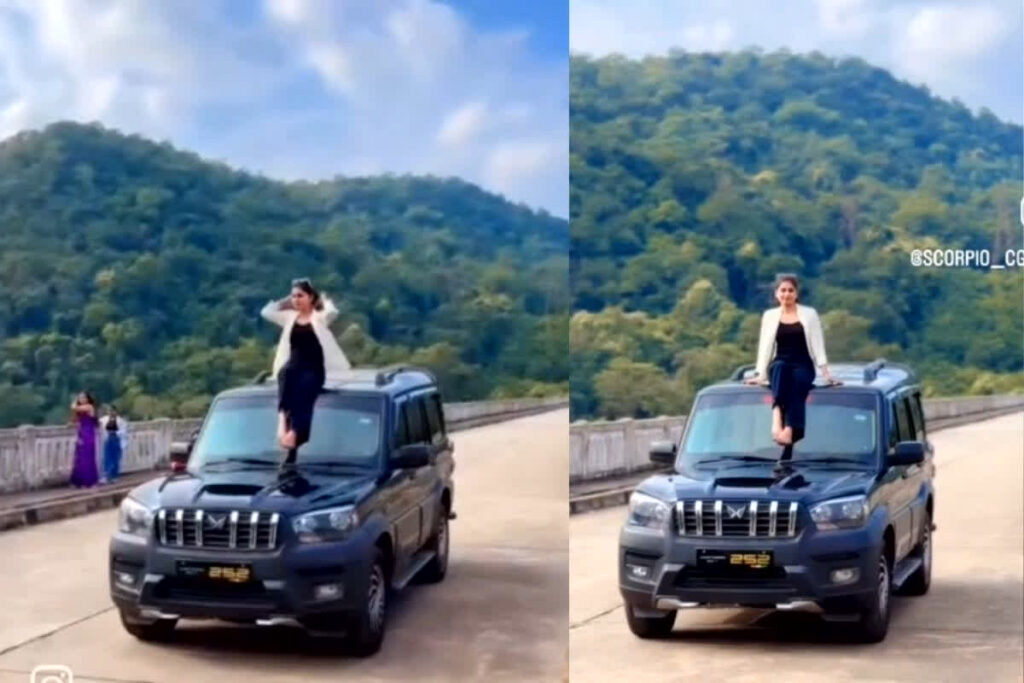 Dantewada News, Sathdhar bridge stunt video, Dantewada viral stunt girl, Scorpio car stunt video, Barsoor bridge dangerous stunt, traffic rules violation India, viral stunt action police, social media stunt punishment, Chhattisgarh stunt news, girl on car roof video, dangerous driving India, traffic challan for stunt, MV Act violation, road safety awareness India, youth stunt trend India, Dantewada traffic police crackdown