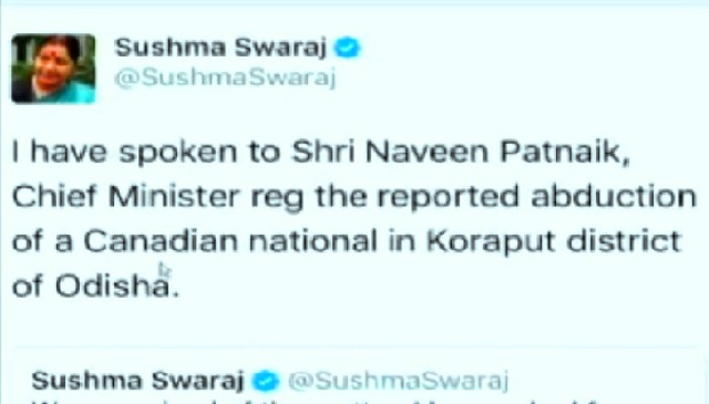 दोरनापाल में कनाडा के नागरिक के अपहरण की आशंका, सुषमा स्वराज ने ओडिशा के CM से की बात