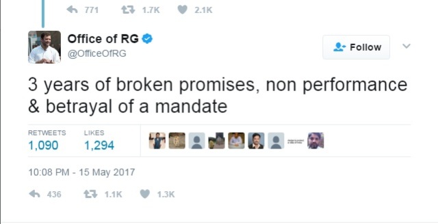 राहुल गांधी ने साधा मोदी सरकार पर निशाना कहा वादाखिलाफी, नामामी और धोखे के तीन साल