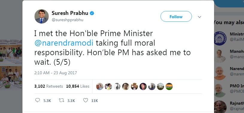 रेल मंत्री सुरेश प्रभु ने ली रेल हादसों की नैतिक जिम्मेदारी, ट्वीट कर दी जानकारी