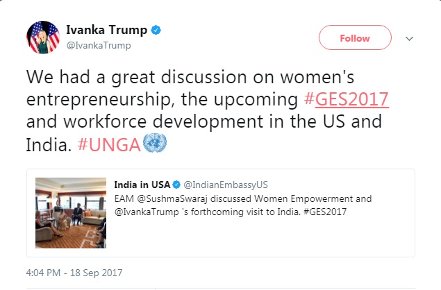 अमेरिकी राष्ट्रपति की बेटी इवांका सुषमा स्वराज की फैन, बताया करिश्माई विदेश मंत्री