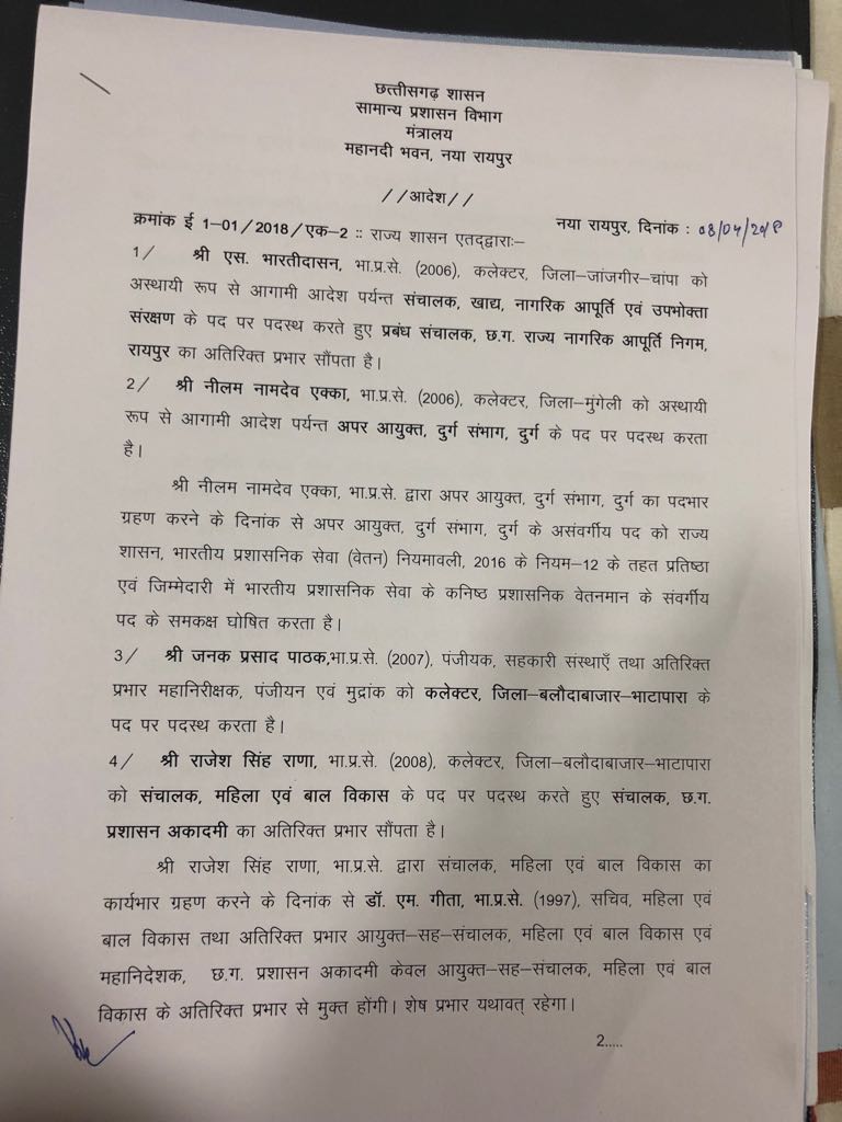 डेढ़ दर्जन अफसर इधर से उधर, अवनीश शरण कवर्धा व कांवरे बेमेतरा के होंगे कलेक्टर