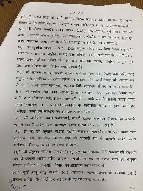छत्तीसगढ़ में बड़ा प्रशासनिक फेरबदल, कई आईएएस इधर से उधर, देखिए सूची