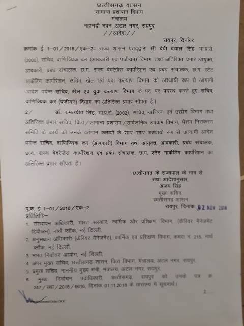 दो आईएएस के प्रभार बदले, डीडी सिंह खेल-युवा विभाग भी देखेंगे, कमलप्रीत को आबकारी का जिम्मा